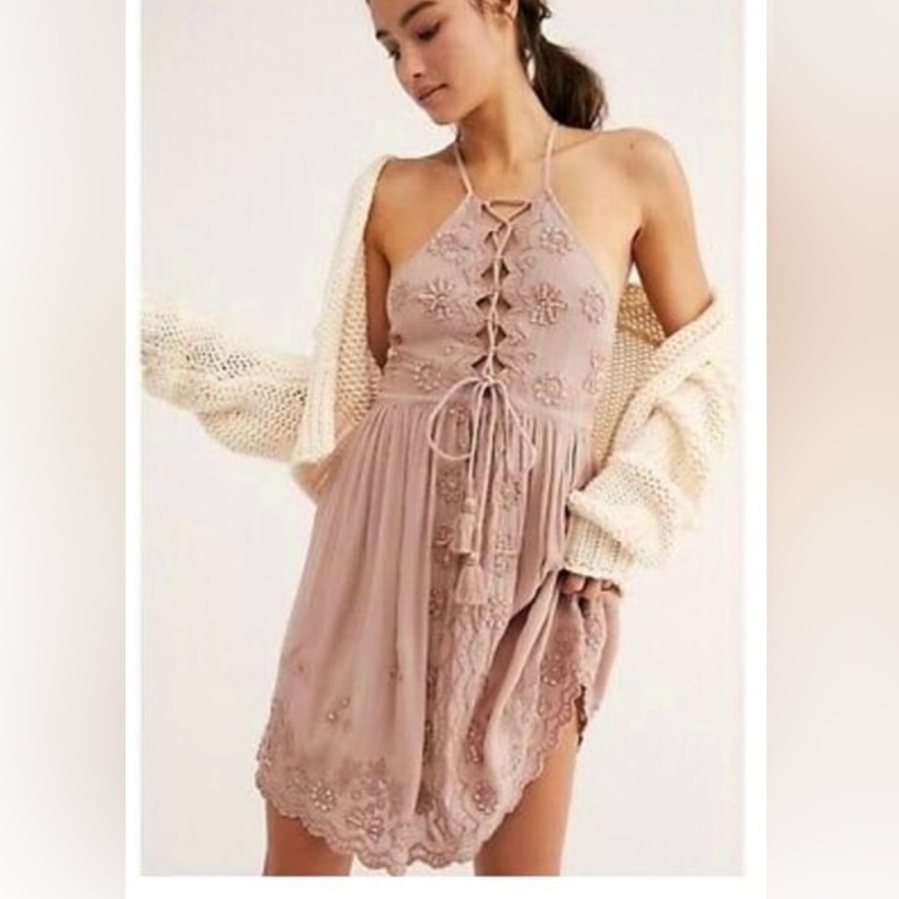 Free people embellished embroidered mini slip dress